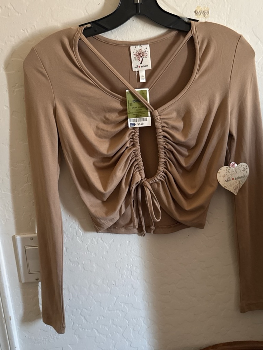 Self Esteem Beige Taupe Ruched Long Sleeve Crop Top